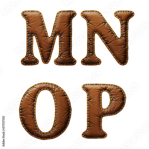 Set of leather letters M, N, O, P uppercase. 3D render font with skin texture isolated on white background. photo