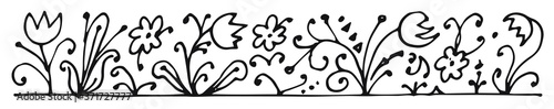Flowers. Outline hand drawing. Bottom horizontal frame. Isolated vector object on white background. Unusual fabulous plants. A naive, simple fantasy style. Ink.