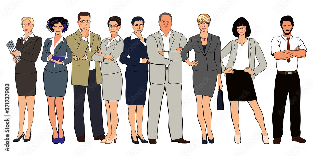 A group of people in business suits full growth. Office team. Vector graphics