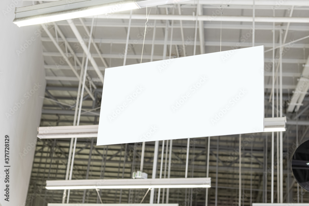 Blank White Supermarket Banners Hanging From Ceiling. Hangers Mockup
