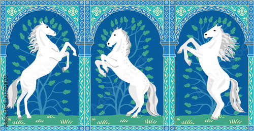 Triptych of beautiful white horses on their hind legs. Decorative oriental ornament. Vector graphics