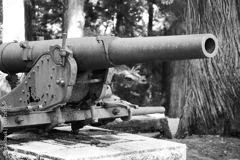 古い大砲のモノクロ写真