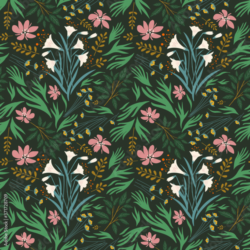 rainforest tropical botanical pattern. floral elements  illustrator swatch. seamless surface design. textile. fabric. wallpaper. gift wrapping. vibrant flowers and plants background.