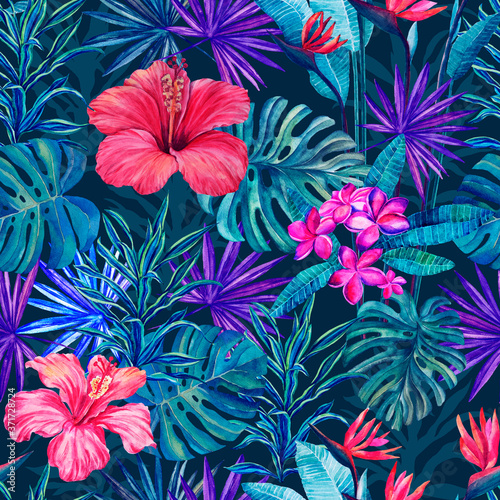 Tropical bright watercolor plant pattern on a blue background in cool colors. Seamless pattern. For decor, design, background, fashion, textiles, illustration, Wallpaper, swimsuit, interior.
