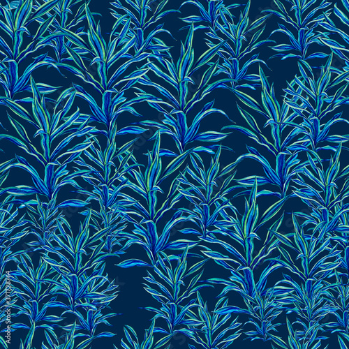Tropical watercolor plant pattern on a dark background in cool colors. Seamless pattern. For decor  design  background  fashion  textiles  illustration  Wallpaper  swimsuit  interior.