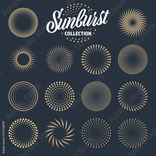 Vintage sunburst collection. Bursting sun rays and dots. Fireworks. Logotype or lettering design element. Radial sunset beams. Vector illustration.