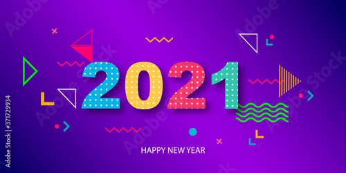 Happy New Year 2021. Paper 3d numbers on a gradient abstract background. Geometric colored shapes.Vector illustration. Decoration element for poster or cover design