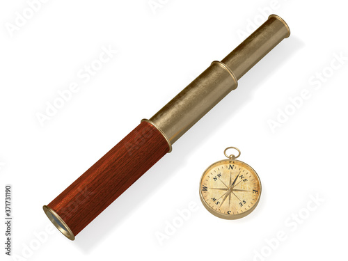 Bronze spyglass with old compass 3d rendering