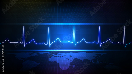 abstract background of blue futuristic technology digital ECG heartbeat pulse line wave monitor and world map