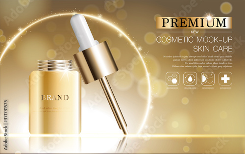 Hydrating facial serum for annual sale or festival sale. silver and gold serum mask bottle isolated on glitter particles background. Graceful cosmetic ads, illustration.