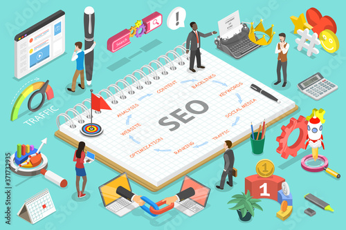 3D Isometric Flat Vector Conceptual Illustration of Search Engine Optimization Steps.