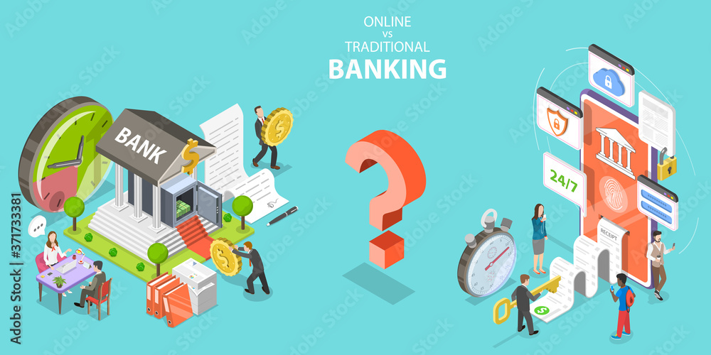 3D Isometric Flat Vector Conceptual Illustration of Online vs Traditional Banking. 3D Isometric Flat Vector Conceptual Illustration of Online vs Traditional Banking.