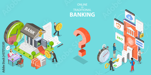3D Isometric Flat Vector Conceptual Illustration of Online vs Traditional Banking.