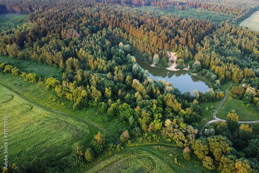 Aerial landscape view, summer forest, fields and lake.