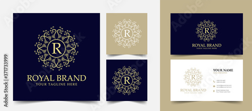 R initial letter Vintage Royal luxury logo design with visiting card stationery design vector premium