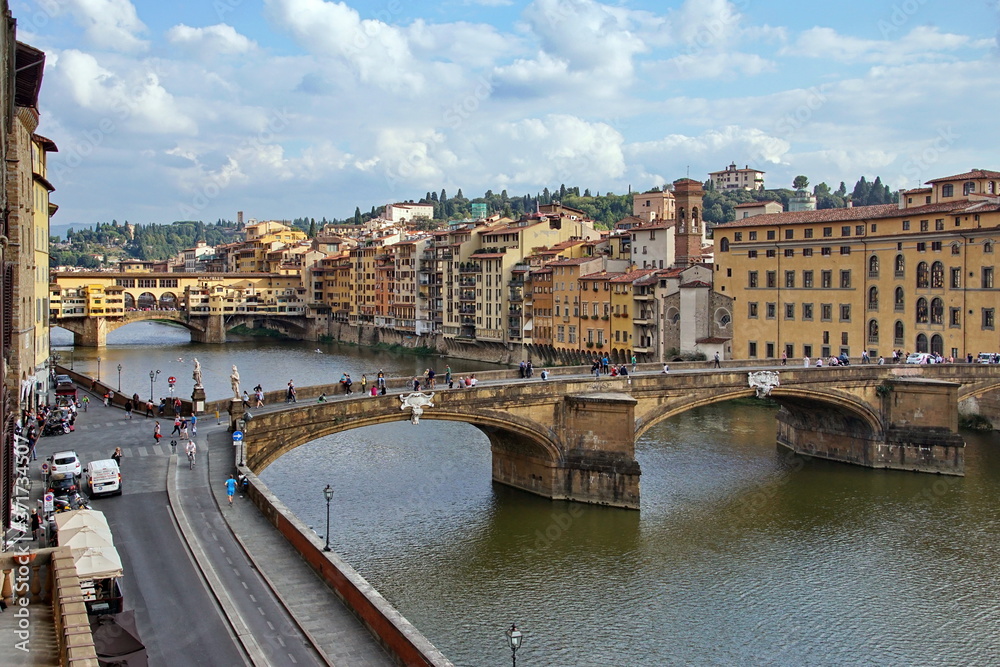 Ponte Santa Trinita and Ponte Vecchio over the Arno River in Florence - Tuscany, Italy