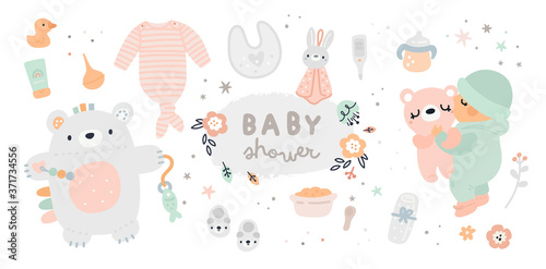 New born essentials collection. Baby must haves. Ultimate baby registry. Top nursery products. Baby shower gift ideas. Childish vector illustration isolated on white background