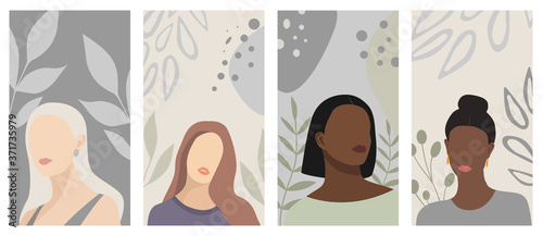 Set of backgrounds with abstract woman portraits. Ideal for social media platforms (posters, banners, stories). Beautiful female silhouettes, leaves, abstract shapes. Pastel colors. Vector flat design