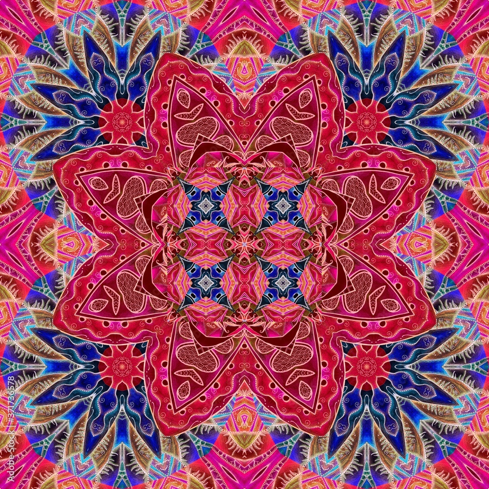 Bright seamless pattern with large bright raspberry blossom flower. Scarf, napkin, carpet, ceramic tile. Bright seamless pattern with large bright raspberry blossom flower. Scarf, napkin, carpet, ceramic tile.