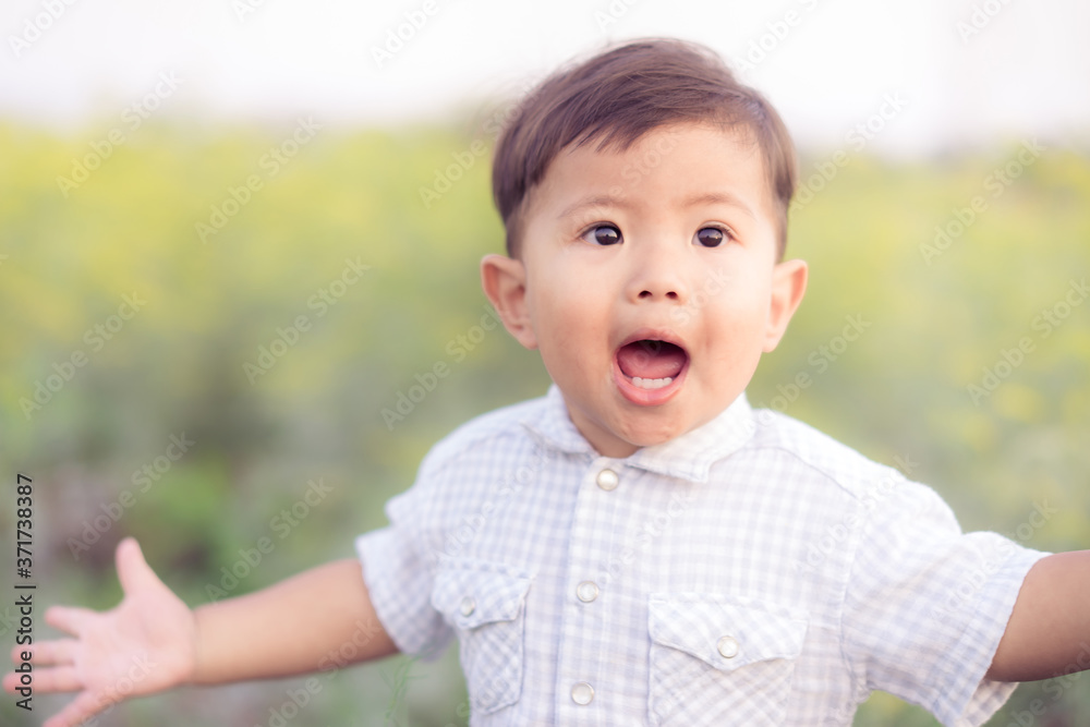 Asian little boy shouting in the grass field Asian little boy shouting in the grass field