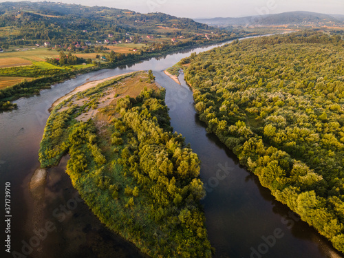 Winding Dunajec River Drone View. Green and Blue Outdoors
