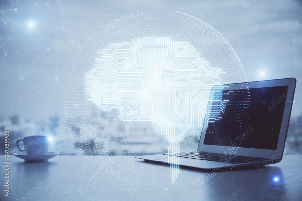 Multi exposure of work space with computer and human brain hologram. Brainstorm concept. Multi exposure of work space with computer and human brain hologram. Brainstorm concept.