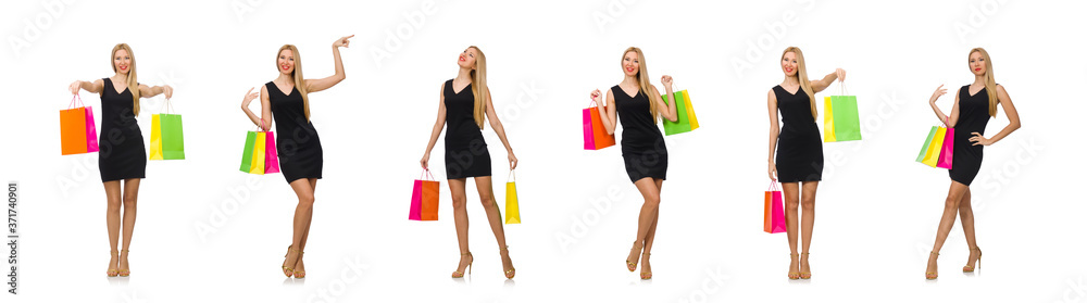 Woman after shopping spree on white