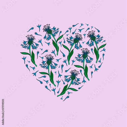 Heart shape made of flowers and petals for a greeting card. Celebrate your birthday, Valentine's Day. Romantic postcard. Vector illustration, on a pink background

