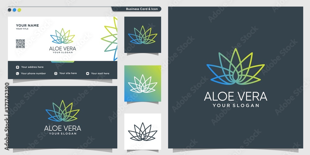 Aloe vera logo with line art style and business card design template  spa, salon, beauty, Premium Vector