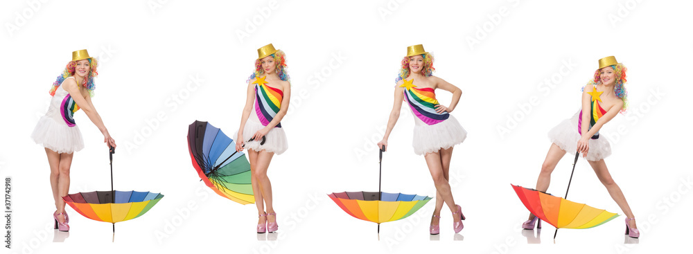 Woman with colorful umbrella on white Woman with colorful umbrella on white