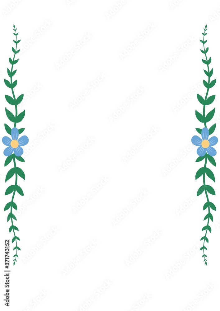 Blue flowers with green leaves ornament. Floral frame. Border decoration  for A4 paper. Flat design. Botanical illustration. Stock Illustration |  Adobe Stock