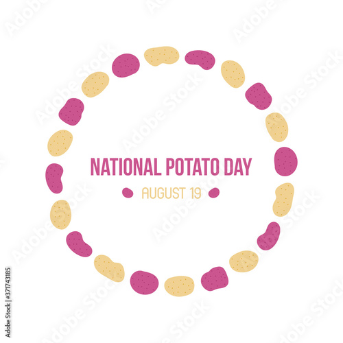National Potato Day card, illustration with colorful potatoes round frame.