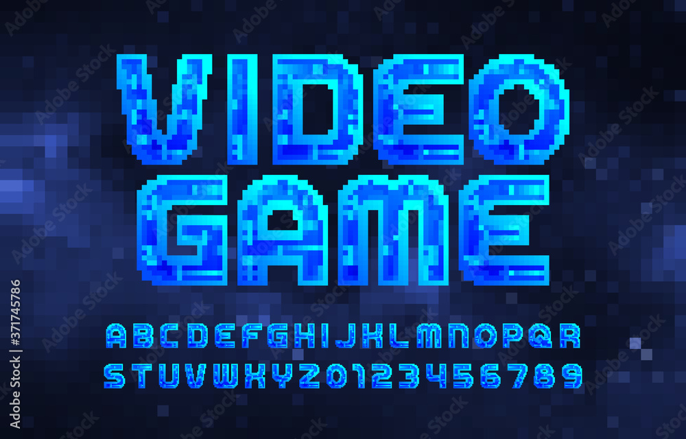 Video Game alphabet font. Pixel letters and numbers. Digital background. 80s arcade video game typescript. Video Game alphabet font. Pixel letters and numbers. Digital background. 80s arcade video game typescript.