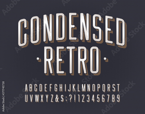 Condensed Retro alphabet font. Scratched vintage letters, numbers and symbols. Vector typescript for your typography design.