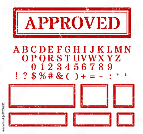 Old maroon red retro rubber stamp style alphabet. Rubber stamp with numbers and signs vector