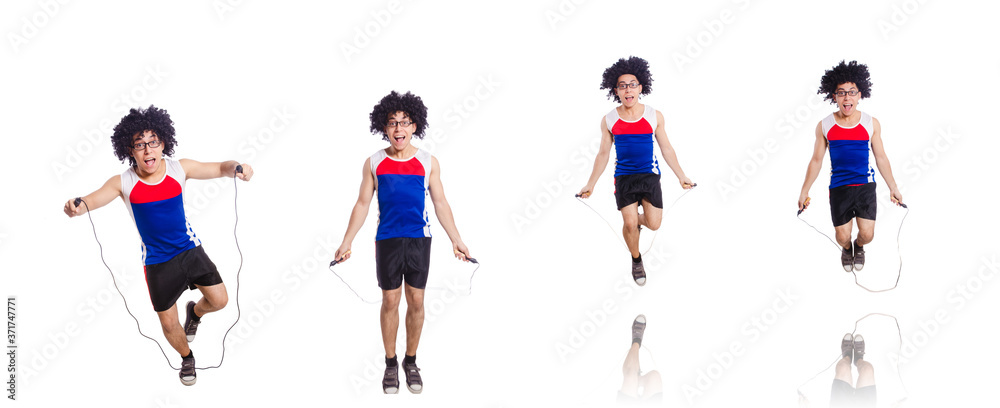Guy jumps with skipping rope isolated on white