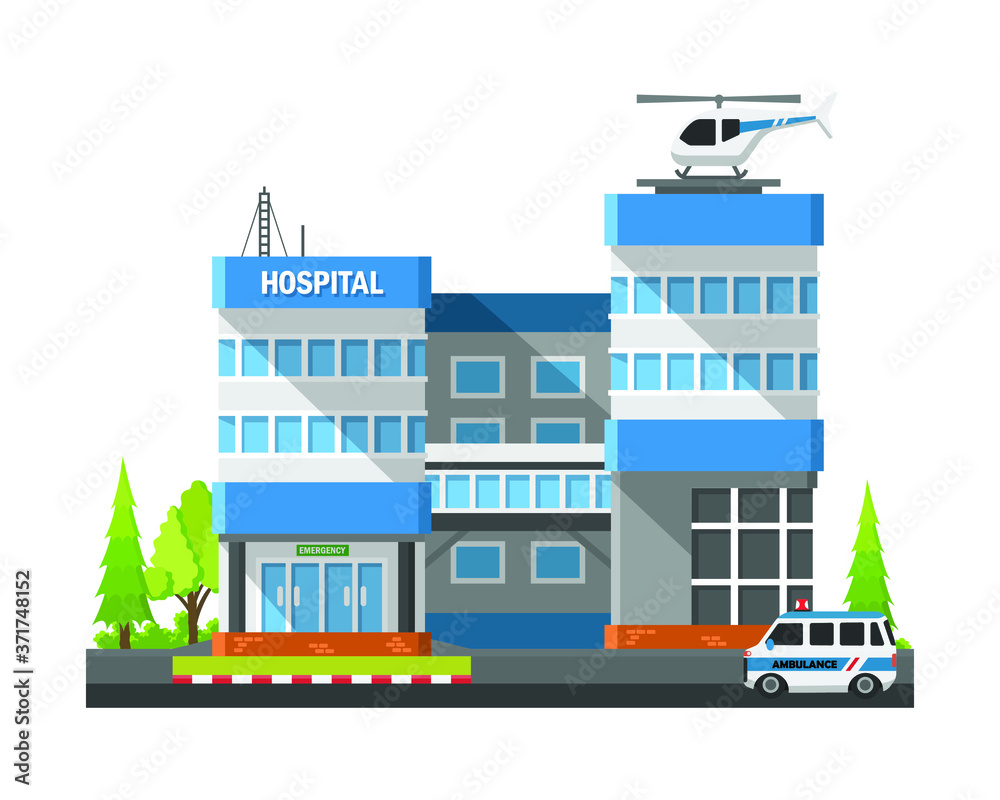 Hospital in flat style isolated on white background, Healthy or medical concept building.