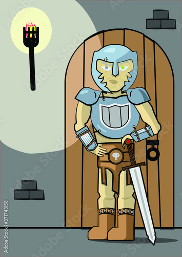 medieval wanderer by the building