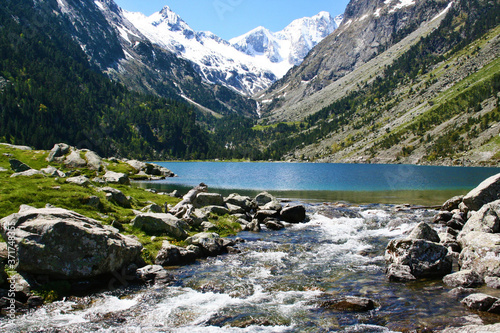 A view of the lake and the Pyrenees mountains at Lac Du Gaube