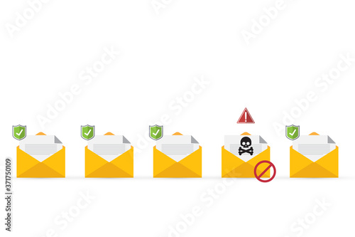 Email / envelope with black document and skull icon. Virus, malware, email fraud, e-mail spam, phishing scam, hacker attack concept. Vector illustration	