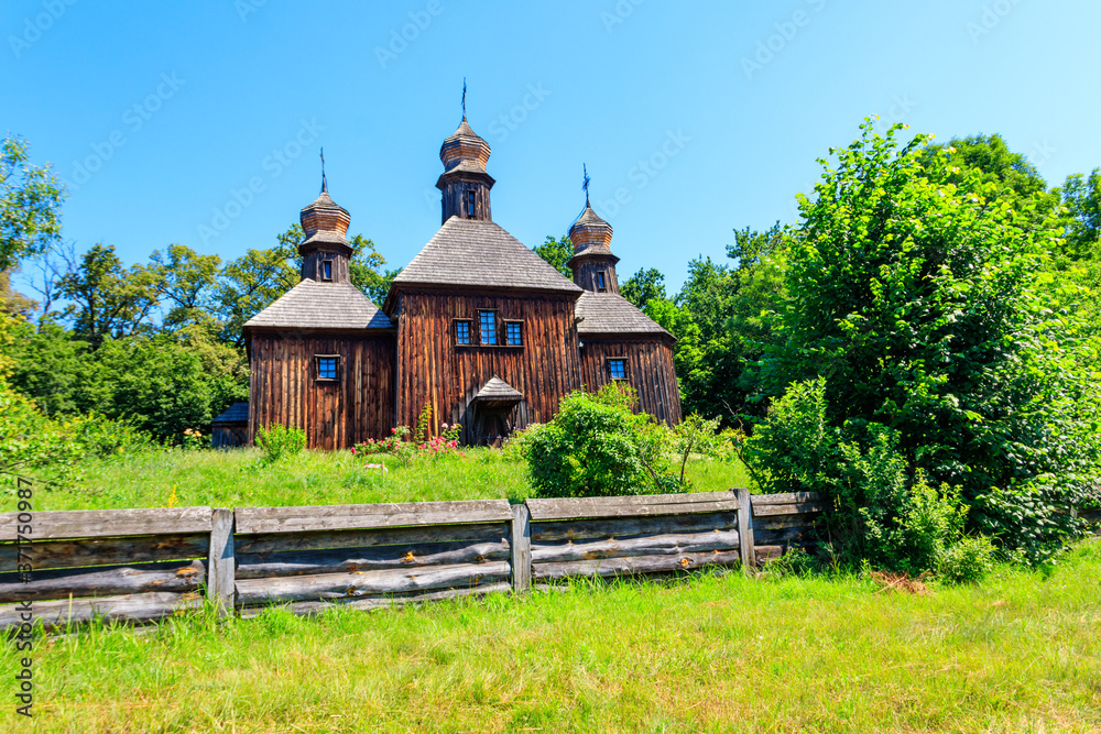 Ancient wooden orthodox church of St. Michael in Pyrohiv (Pirogovo) village near Kiev, Ukraine