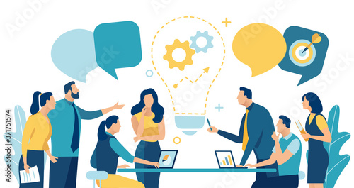 Brainstorming. The team discuss about new project. Light bulb as a symbol of new idea and solving problems. Vector illustration..