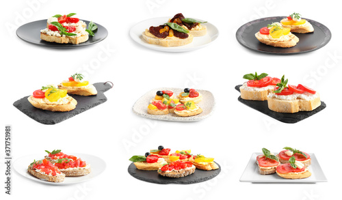 Set of different tasty bruschettas on white background