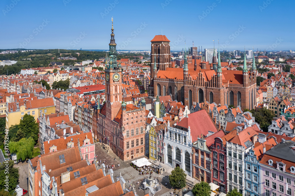 Aerial view of historic Town Hall and Dluga street in Gdansk, Poland