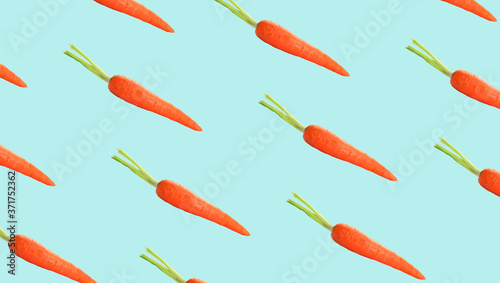 Whole carrots on light blue background, banner. Pattern design