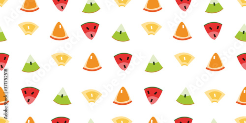 Fresh mix of fruit pattern in random position. Seamless vector background for fabric, wrapping paper, gift paper, decoration and ornament. Strips and white background.