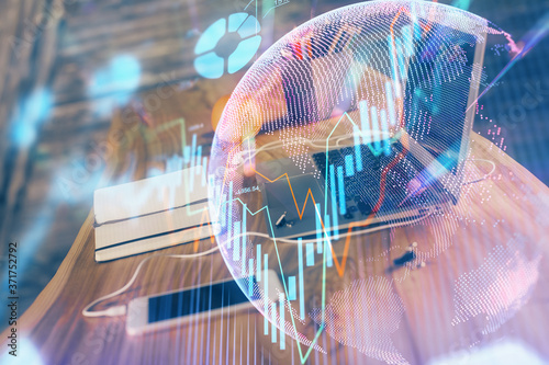 Multi exposure of forex graph and work space with computer. Concept of international online trading.