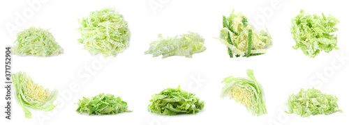 Piles of fresh chopped Savoy cabbage on white background. Banner design