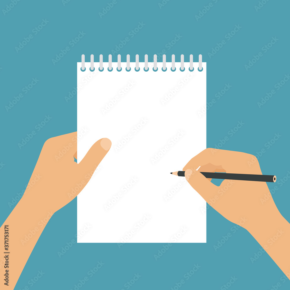 Flat design illustration of hands of a freelancer or student with a pencil. Block with ring binding and white sheet of paper. Space for your text, vector