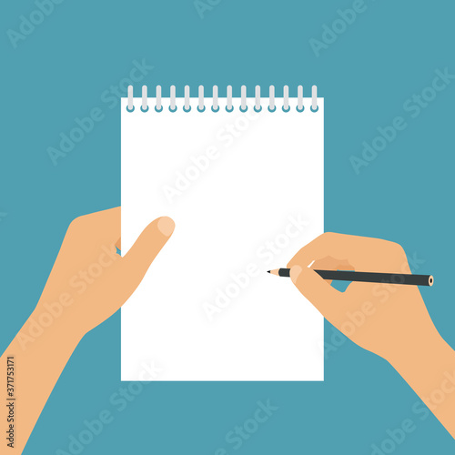 Flat design illustration of hands of a freelancer or student with a pencil. Block with ring binding and white sheet of paper. Space for your text, vector